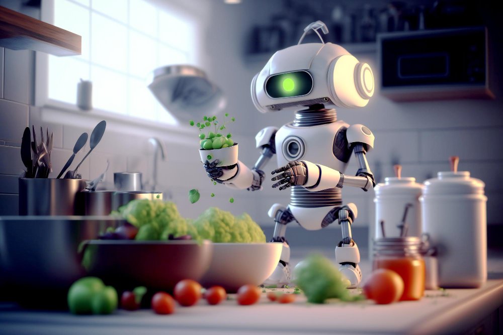 lindo robot cocinando verduras comida en la cocina