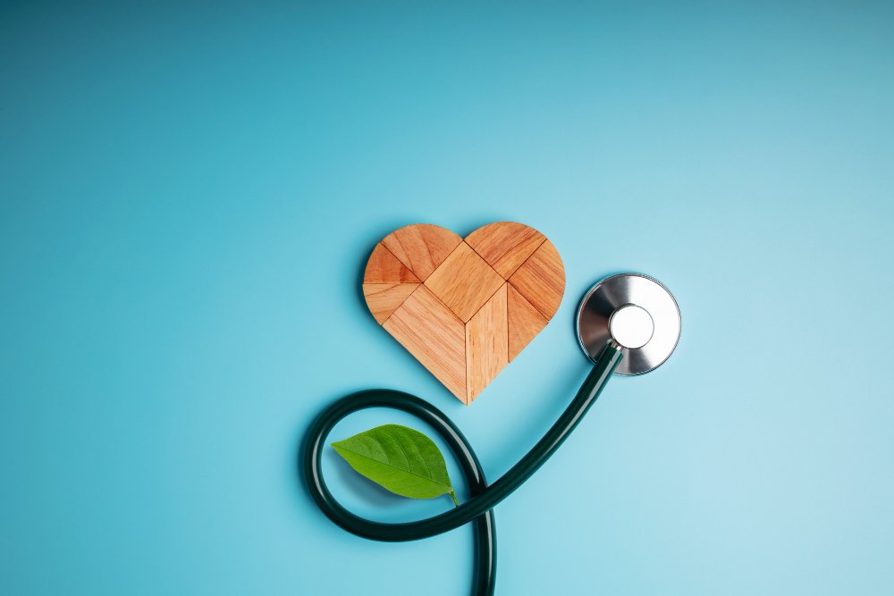 naturaleza rompecabezas de madera en forma de corazón con estetoscopio y hoja parece crecimiento de plantas